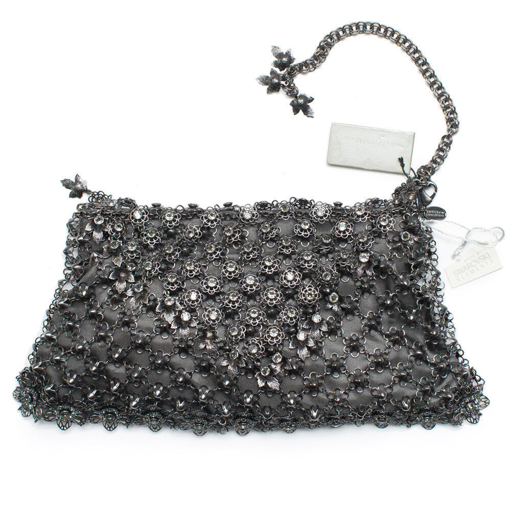 Kenny Ma Metal Mesh Swarovski Bag Black Gunmetal Bead Handbag Purse New - Picture 3 of 5